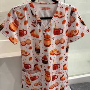 Autumn Dessert Print Medical Scrub Top - Orange & White